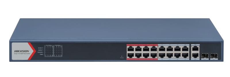 Switch 16 porturi POE Hikvision DS-3E1318P-EI(B), L2, Smart Managed, 16 × 100 Mbps PoE RJ45 ports si 2 × porturi gigabit, Putere PoE 230W, maxim 30W per port, Extend mode - pana la 300 metri,  Switching capacity 7.2 Gbps, Visualized Topology Management, Network Health Monitor, Real-Time Alarm Push_1