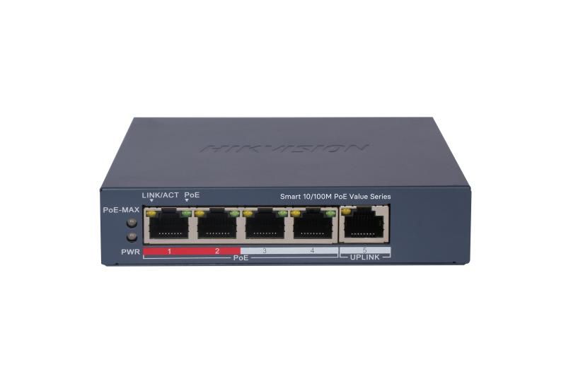 Switch PoE Hikvision DS-3E1105P-EI/M(V2), 4 × 10/100 Mbps PoE port,1 × 10/100 Mbps RJ45 port, Total PoE Power Budget 45W, Support 802.1Q VLAN, capacitate: 1.2 Gbps, alimentare: 54VDC, 0.92A, dimensiuni: 121.1 mm × 27.6 mm × 83.1 mm, greutate: 0.26kg._1