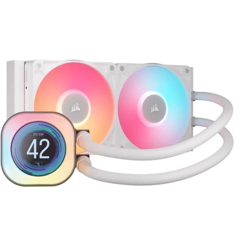 Cooler Procesor CORSAIR iCUE LINK TITAN 240 RX LCD ALB, dimensiune radiator 277x120x27mm, 2 ventilatoare ARGB, viteza ventilatoare: 300-2100RPM +/- 10%,  Suport AMD: AM4/AM5, suport INTEL: LGA 1700/1851, Airflow: 73.5 CFM, Nivel de zgomot: 36 dBA