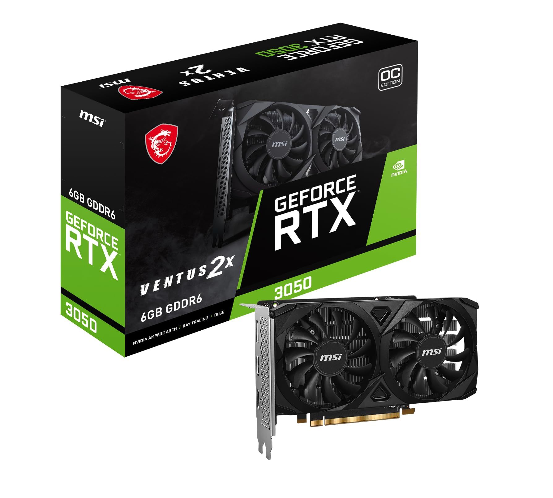 MSI Video Card Nvidia GeForce RTX 3050 VENTUS 2X E 6G OC, 6GB GDDR6, 96bit, Boost: 1492 MHz, 2304 CUDA Cores, PCIe 4.0, 1x DP 1.4a, 2xHDMI 2.1a, RAY TRACING, Dual Fan, 300W, 3Y_1