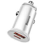 INCARCATOR auto Baseus Square metal, 1 x USB Output 5V/3A si 1 x USB Type-C Output 5V/3A, total output 30W, pt. bricheta auto, argintiu 