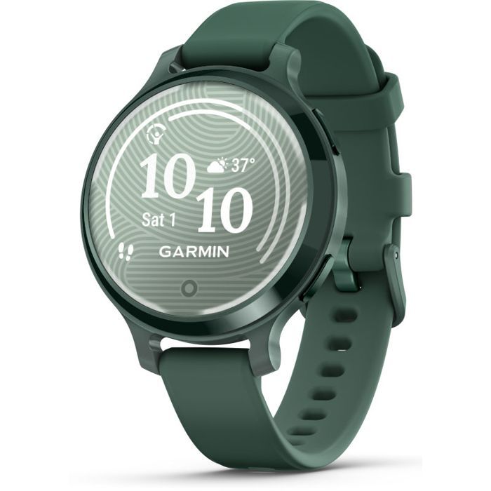Ceas Garmin Lily 2 Active, display AMOLED, dimensiune afisaj 25,4 mm x 21,3 mm,rezolutie afisaj 240 x 201 pixeli, memorie 8GB, autonomie pana la 9 zile, rezistanta la apa pana la 5 ATM, greutate: 24,4g, ramă Jasper Green şi curea Jasper Green din silicon_1