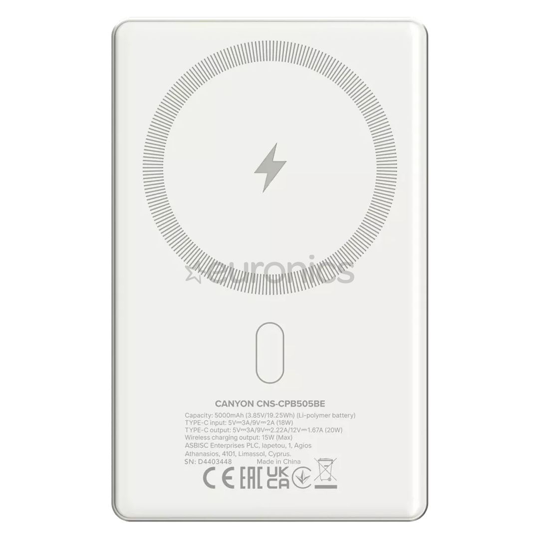 CANYON power bank OnPower 505 slim Magsafe 5000 mAh PD20W Beige_1