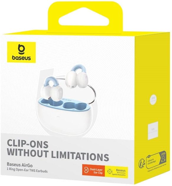 CASTI Baseus AirGo 1 Ring Open-Ear, pt smartphone, wireless, bluetooth 5.3, microfon pe casca, 25 ore durata baterie, cablu inclus USB la Type-C 0.3m, alb 