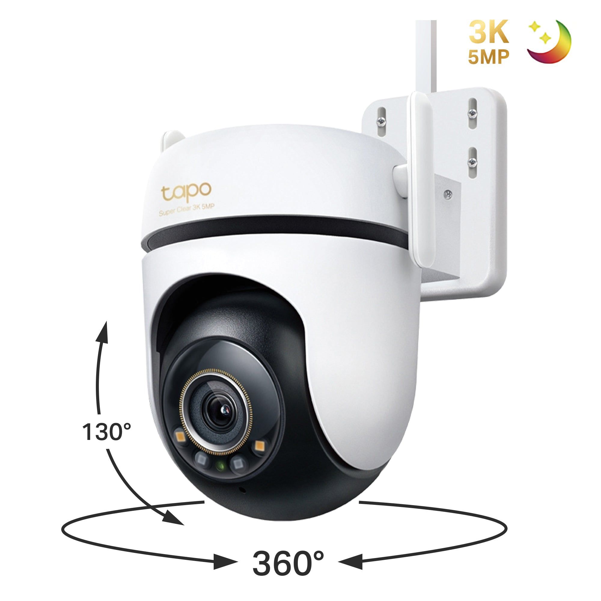 Outdoor Pan/Tilt Security Wi-Fi Camera SPEC: 3K 5MP (2880x1620), 2.4 GHz, 2 × External Antennas, 1 × Ethernet Port, Horizontal 360º FEATURE: Pan/Tilt, Starlight Color Night Vision, Smart AI Detection and Notifications (motion, people, pets, cars), Sound and Light Alarm, Remote Control, Two-Way_1
