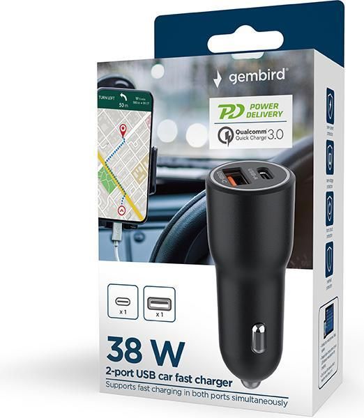 GEMBIRD 2-port USB car fast charger Type-C PD 38W black_2
