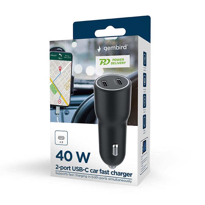 GEMBIRD 2-port USB car charger USB Type-C 40W 4A black_2