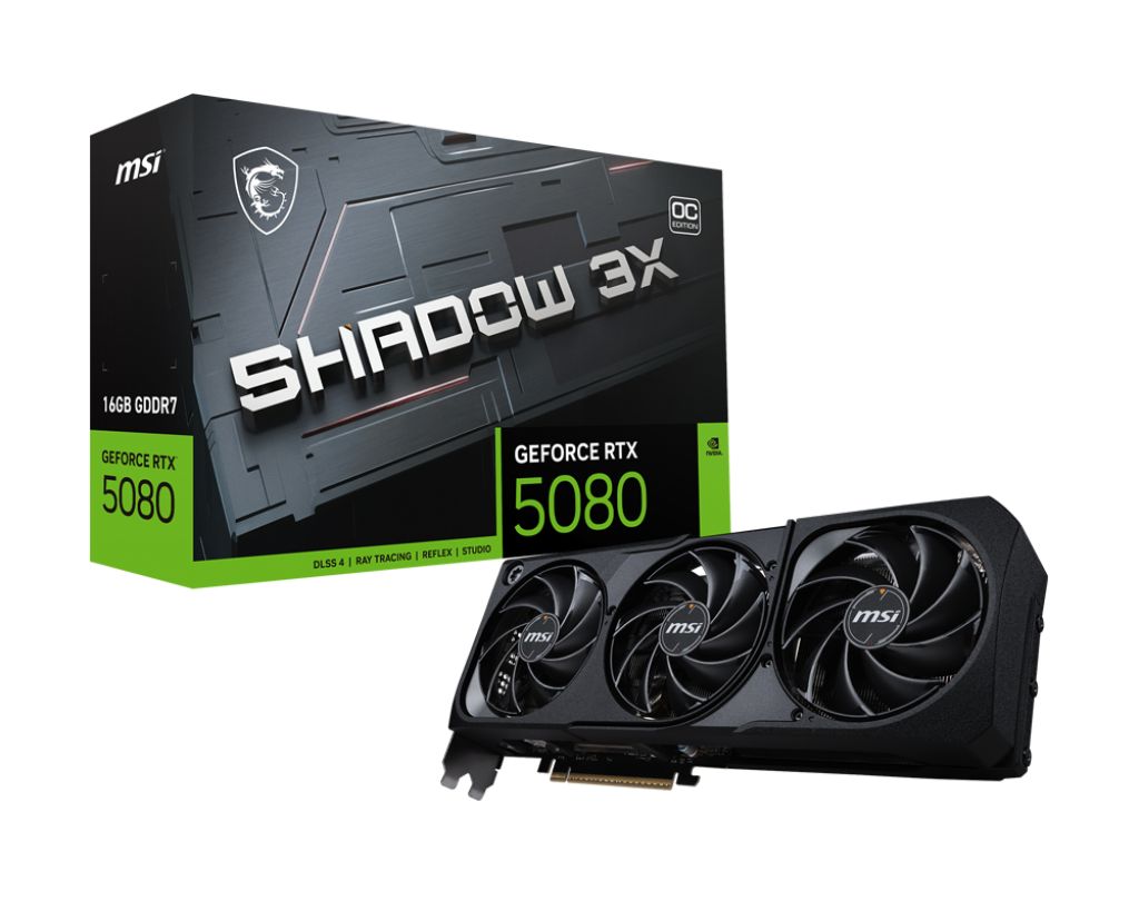 MSI Video Card Nvidia GeForce RTX 5080 16G SHADOW 3X OC, 16GB GDDR7, 256bit, Effective Memory Clock: 30000MHz, Boost: 2640 MHz, 10752 CUDA Cores, PCIe 5.0, 3x DP 2.1b, HDMI 2.1b, RAY TRACING, Triple Fan, 1x16pin, 850W Recommended PSU, 3Y_1