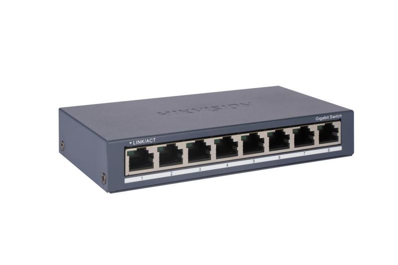 Switch Hikvision DS-3E0508-O: 8 × Gigabit RJ45 port maxim 3W, tensiune alimentare: 5VDC, 0.6A, dimensiuni: 145.00 mm × 25.60 mm × 68.45 mm, greutate: 0.24kg, montare pe birou sau pe perete._1
