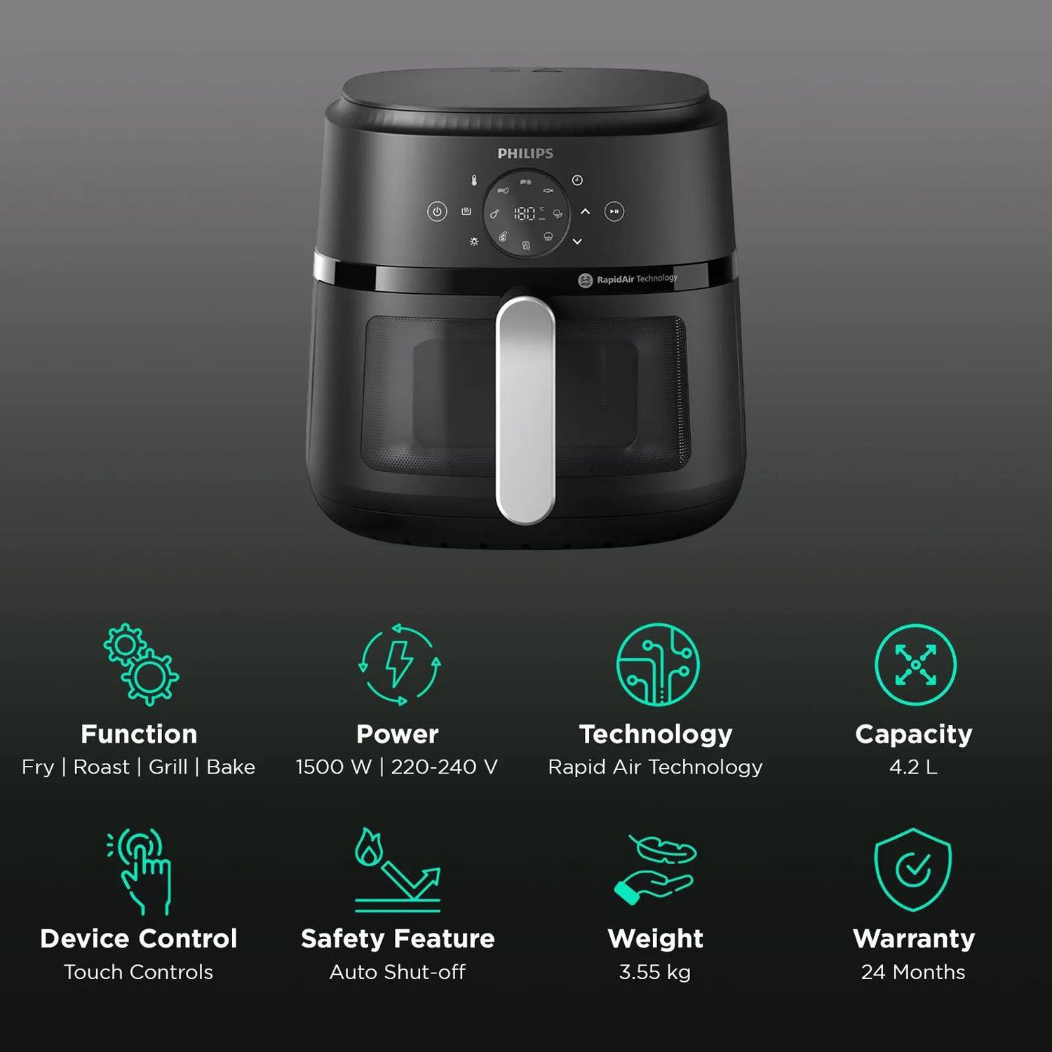 Philips 2000 series NA221/00 fryer Single 4.2 L Stand-alone 1500 W Hot air fryer Black  Silver_4