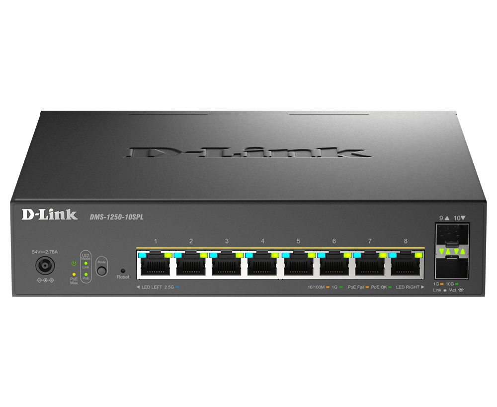 Switch D-Link DMS-1250-10SP , 8 porturi Gigabit, 2 porturi SFP+, Protocol 802.1D STP 802.1s MSTP 802.1w RSTP, rackabil_1