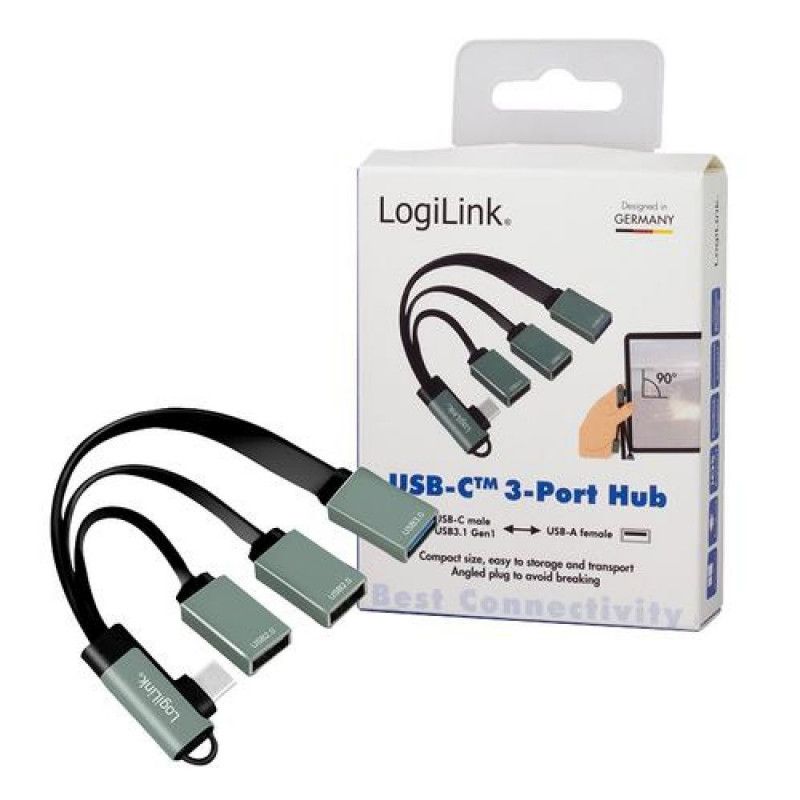 HUB extern LOGILINK, porturi USB: USB 2.0 x 2 + USB 3.0 x 1, conectare prin USB-C 3.2 Gen1 90 grade, 0.15m flat, aluminiu, ecranaj, negru-gri, 