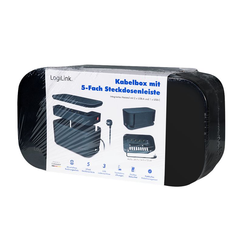 PRELUNGITOR LOGILINK, Schuko x 5, conectare prin Schuko (T), cutie management cabluri, 16 A, 2xUSB-A, 1xUSB-C, protectie IP20, negru,  LPS282U  (timbru verde 2 lei)