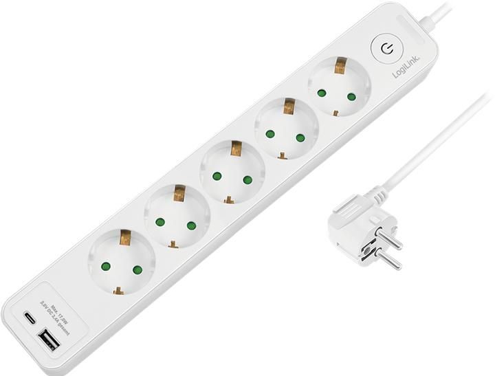 PRELUNGITOR LOGILINK, Schuko x 5, conectare prin Schuko (T), ON/OFF, 16 A, 1xUSB-A, 1xUSB-C, cablu 1.5m, protectie IP20, alb,  LPS280U  (timbru verde 0.8 lei)