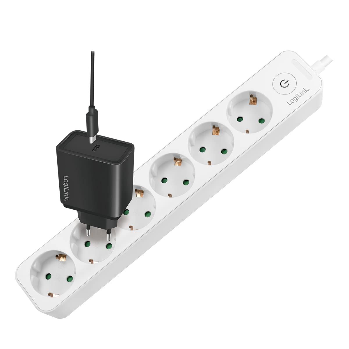 PRELUNGITOR LOGILINK, Schuko x 6, cablu 3G 1.5mm2, 230 V/16 A, 50 Hz, max. 3500 W, buton intrerupator iluminat, IP20, 1.5m, alb, 