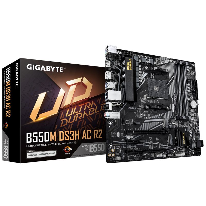 Placa de Baza GIGABYTE B550M DS3H AC R2 AM4, 4x DDR4, 1x DP 1x HDMI, 1x PCIE 4.0 x16 1x PCIE 3.0 x16 1x PCIE 3.0 x1, 2x M.2, 4x SATA 6GB/s, mATX_1