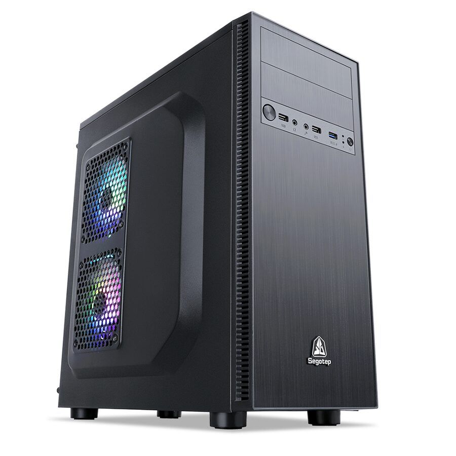 Carcasa Segotep BS Plus neagra, SPCC Steel (0.7mm) ATX Mid Tower, fara sursa (tip ATX, montata sus), interior vopsit negru, 2x 5.25” (extern), 2x3.5” (intern), 3x2.5” (intern), fata – 1x 120mm fans (optional), spate – 1x 120mm fan (inclus),_2