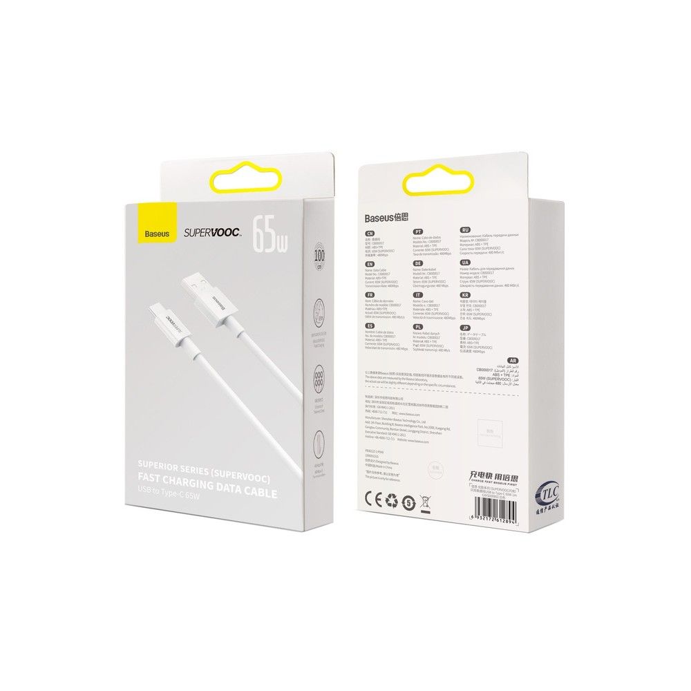 CABLU alimentare si date Baseus Superior (SUPERVOOC), pt. smartphone, USB la USB Type-C , 65W, 1m, alb 