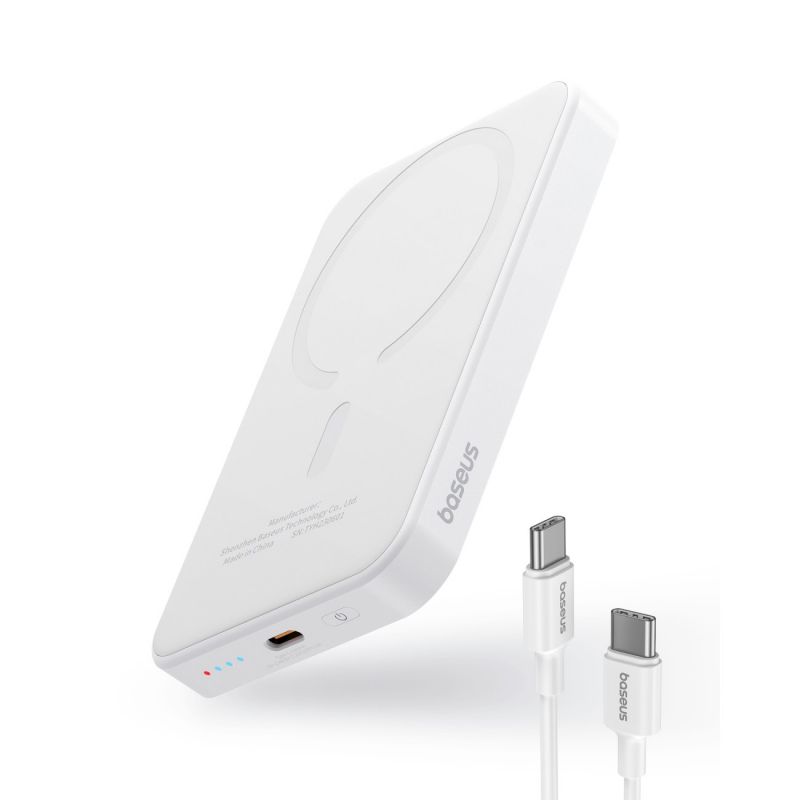 POWER BANK Baseus Magnetic Mini Wireless, 5000mAh, 20W, 2 x USB Type-C output/input, 15W wireless charging, include cablu USB Type-C la USB Type-C 30cm, alb, 