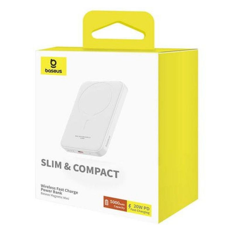 POWER BANK Baseus Magnetic Mini Wireless, 5000mAh, 20W, 2 x USB Type-C output/input, 15W wireless charging, include cablu USB Type-C la USB Type-C 30cm, alb, 