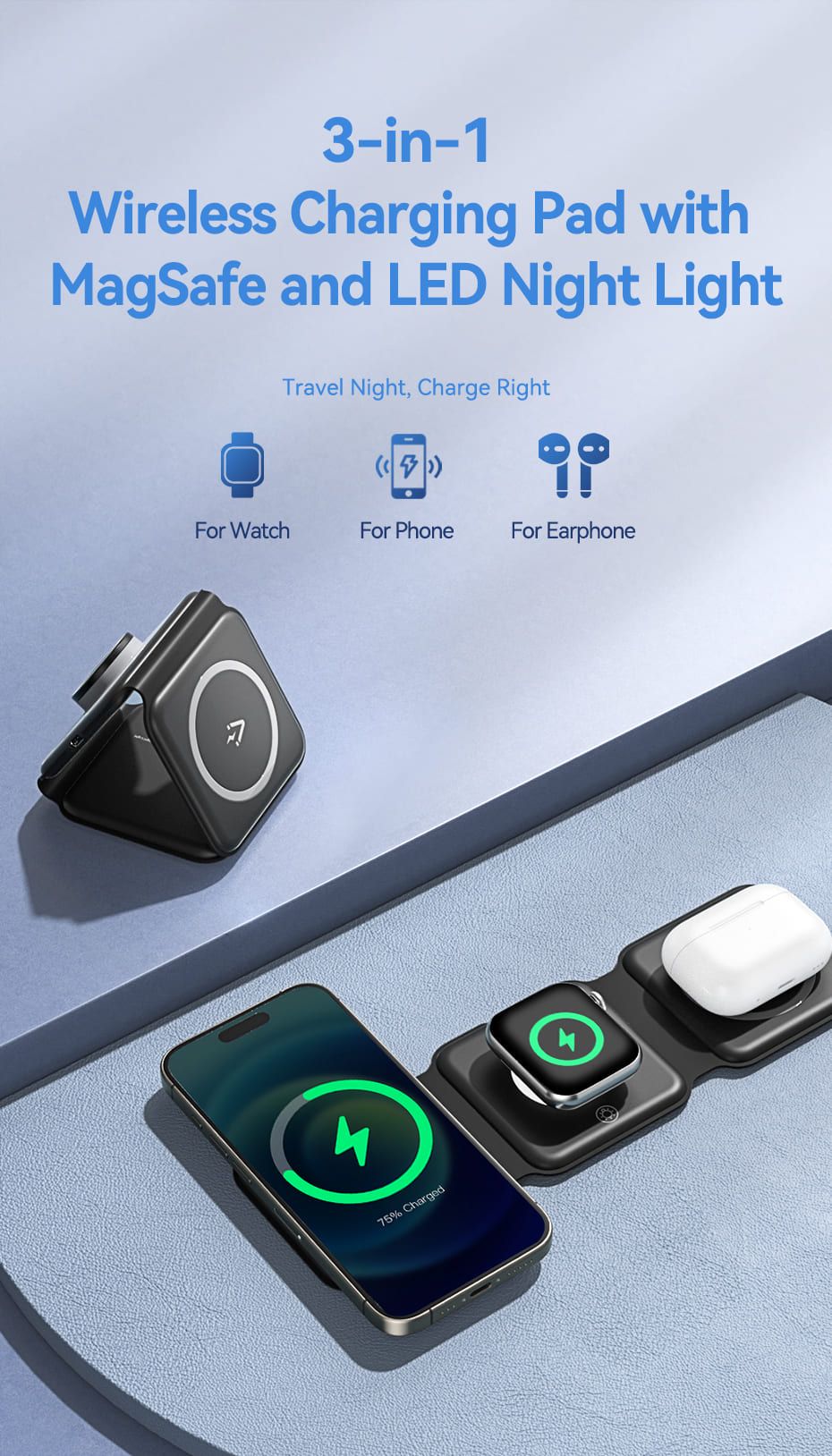 Statie incarcare wireless 3in1  Vention, MagSafe, telefon 15W, ceas 2.5W, casti 5W, fast charge, pliabil, magnetic, lumina LED, 1 x USB-C incarcare, negru, 