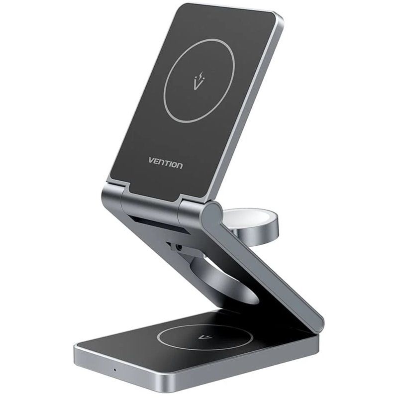 Statie incarcare wireless 3in1  Vention, MagSafe, telefon 15W, ceas 3W, casti 5W, fast charge, pliabil, magnetic, 1 x USB-C incarcare, argintiu, 