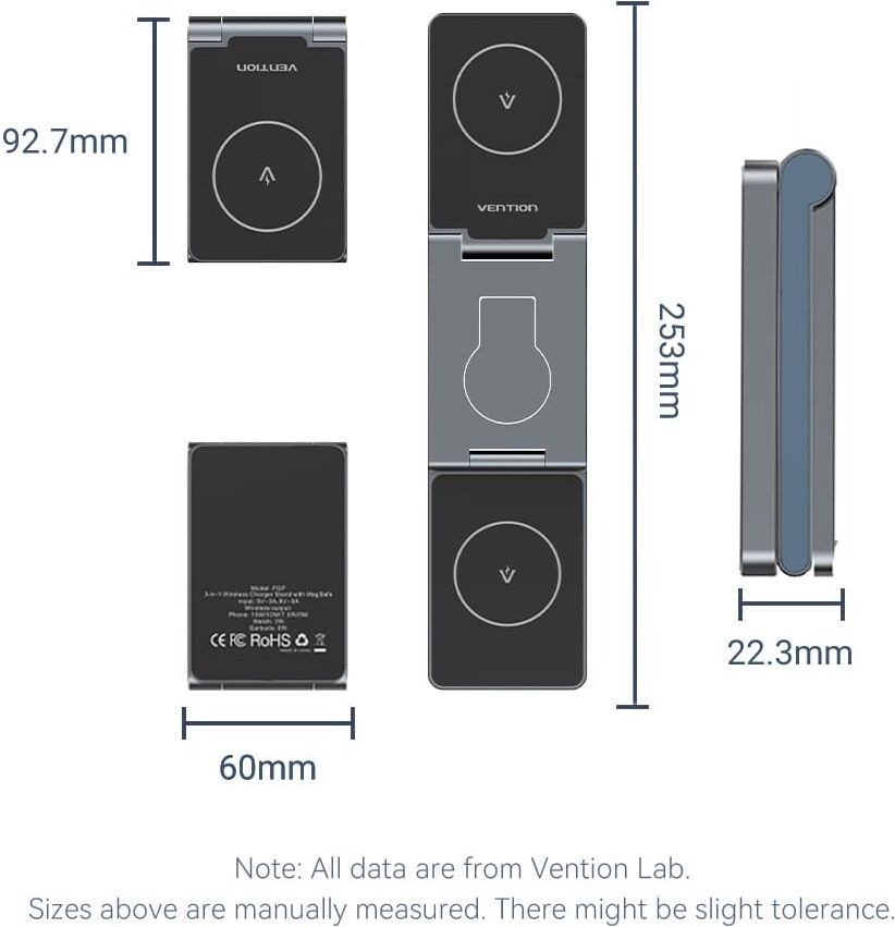 Statie incarcare wireless 3in1  Vention, MagSafe, telefon 15W, ceas 3W, casti 5W, fast charge, pliabil, magnetic, 1 x USB-C incarcare, argintiu, 