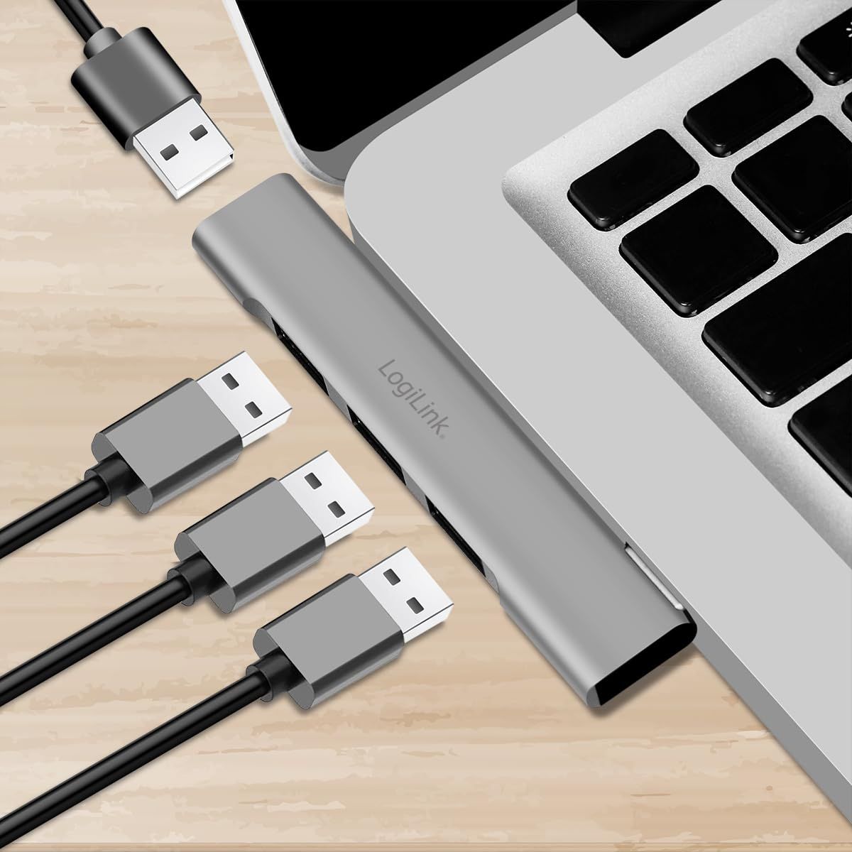 HUB extern LOGILINK, porturi USB: USB-A 3.0 x 1 + USB-A 2.0 x 3, conectare prin USB-A, aluminiu, gri, 