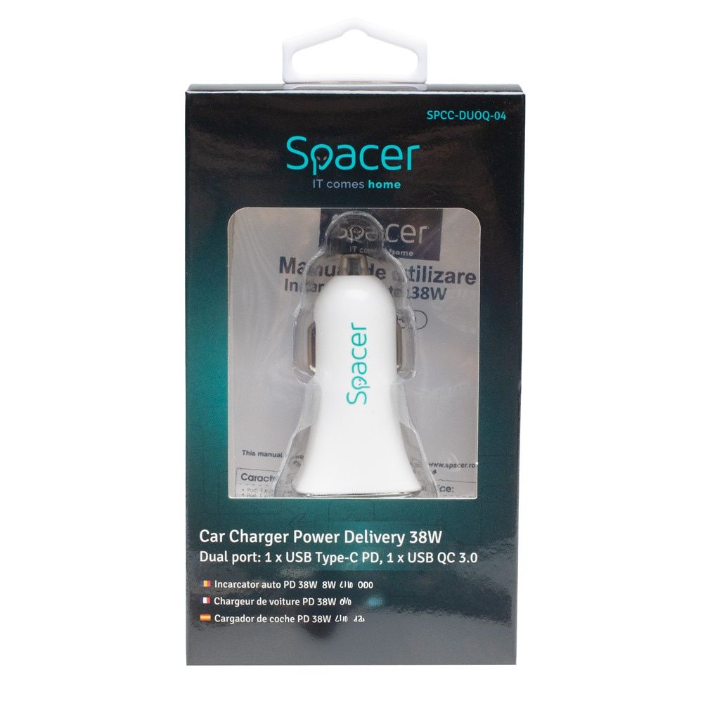 ALIMENTATOR auto SPACER QC si PD 38W total max, USB Quick Charge 18W; Power Delivery 20W, 38W total max., 1 x USB + 1 x USB Type-C, pt. bricheta auto, alb, 