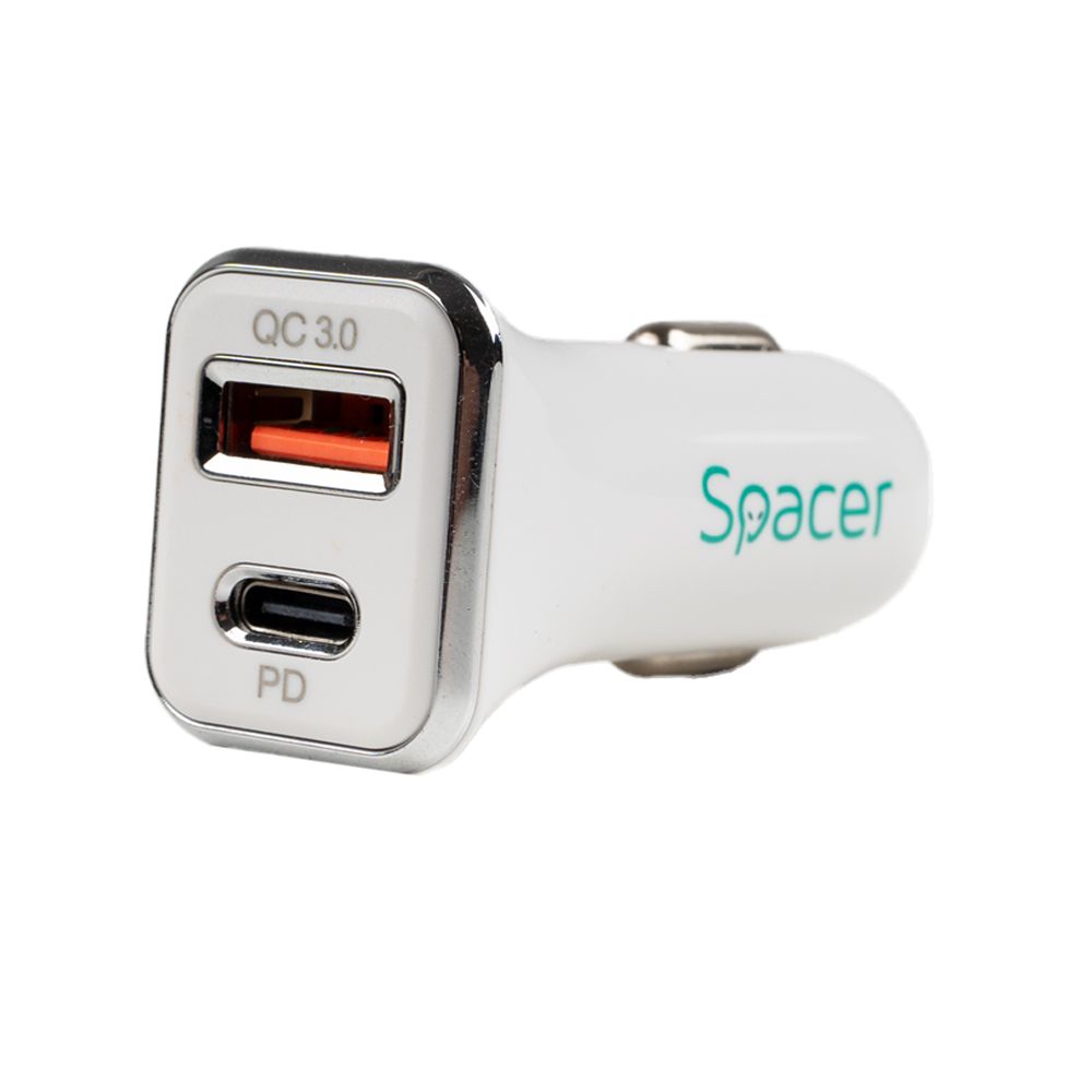 ALIMENTATOR auto SPACER QC si PD 38W total max, USB Quick Charge 18W; Power Delivery 20W, 38W total max., 1 x USB + 1 x USB Type-C, pt. bricheta auto, alb, 