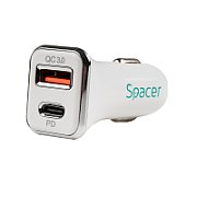 ALIMENTATOR auto SPACER QC si PD 38W total max, USB Quick Charge 18W; Power Delivery 20W, 38W total max., 1 x USB + 1 x USB Type-C, pt. bricheta auto, alb, 