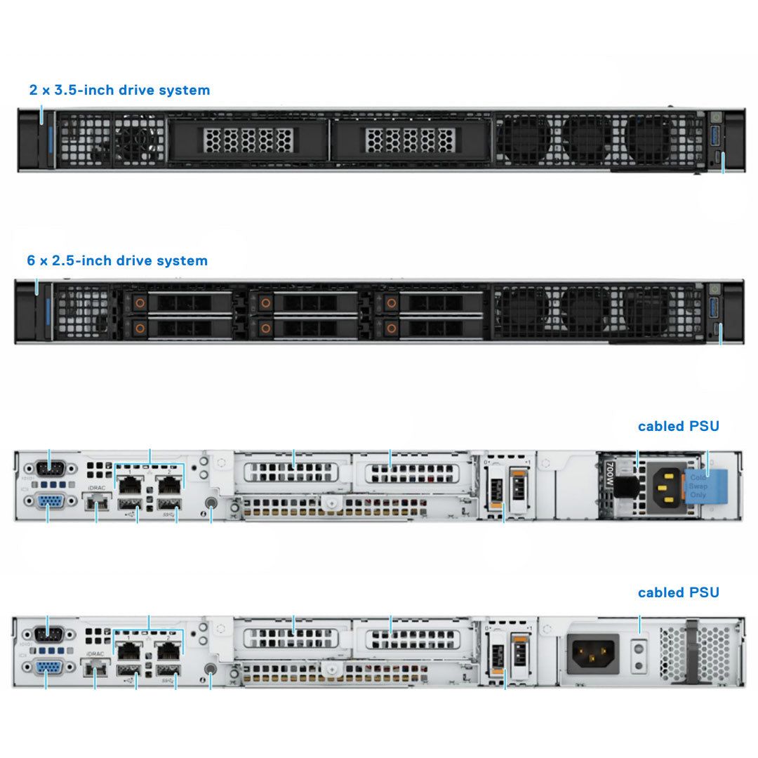 Dell PowerEdge R260, Chassis 6x2.5 HP, Xeon E-2414, 16GB, 1x480GB SSD SATA RI, Rails, Broadcom 5720, PERC H355, iDRAC9 Basic 16G, 700W, 3YBasic_5