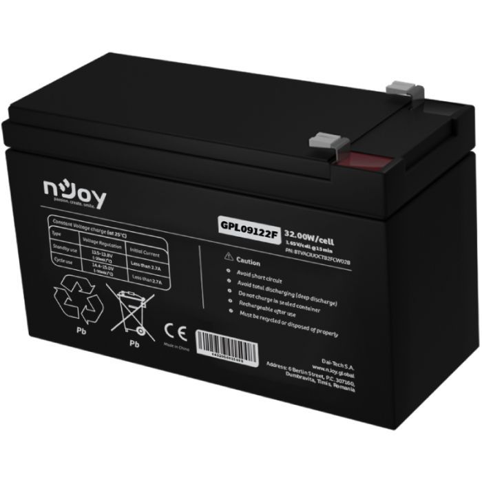 Acumulator nJoy GPL09122F 12V 30.55W/cell, Capacitate 32.00W/cell evaluat la 10V15 min, Tensiune 12V, Tip VRLA - fara mentenanta, Caracteristici: Sigilata complet si fara intretinere, Pana la 500 de cicluri la 100% DOD, Utilizare standard 9 ani, Auto-descarcare limitata, Conectori : F2 terminal -_1