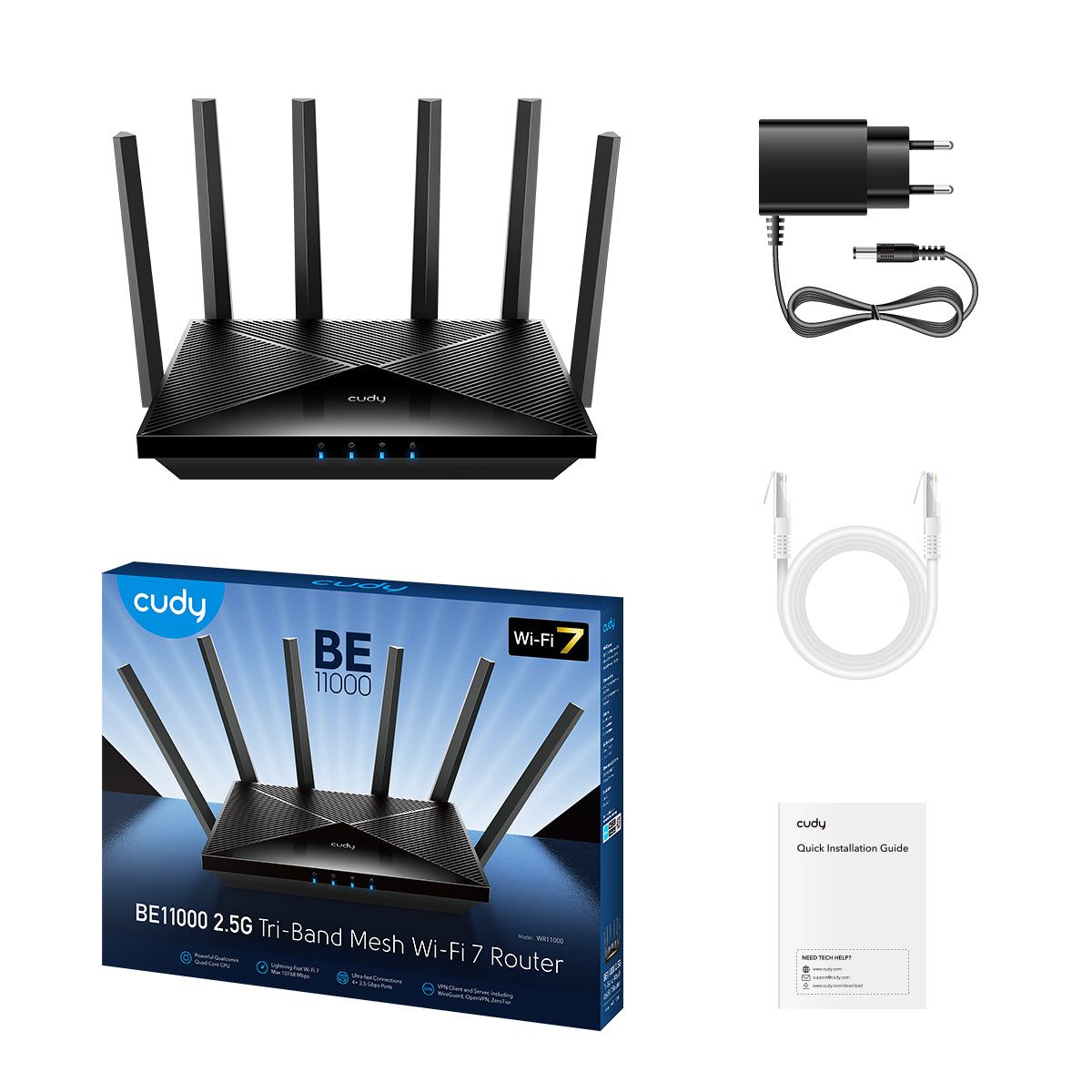 CUDY BE6500 2.5G Dual Band Wi-Fi 7 Router, Chipset Broadcom, 802.11be/ax/ac/a/b/g/n, 5764Mbps at 5GHz + 688Mbps at 2.4GHz, 1 x 2.5Gbps WAN Port, 4 x 10/100/1000Mbps Ports, 6 x 5dBi fixed antennas, WiFi router/AP/ Repeater/WISP Mode, PPTP/L2TP/OpenVPN/WireGuard, MLO, MU-MIMO, Guest network, WPS_2