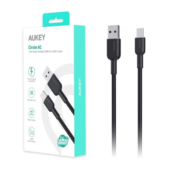 Cablu alimentare si date Aukey, USB Type-A (T) la USB Type-C (T), 1.8m, 480 Mbps, 60W, nylon, negru, 