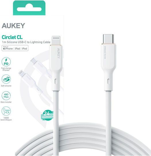 Cablu alimentare si date Aukey, USB Type-C (T) la USB Lighting, 1.2m, 480 Mbps, 87W, braided, negru, 