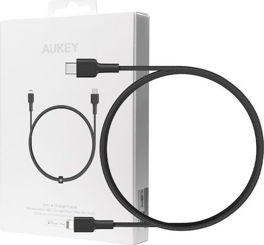 Cablu alimentare si date Aukey, USB Type-C (T) la USB Lighting, 1.2m, 480 Mbps, 87W, braided, negru, 