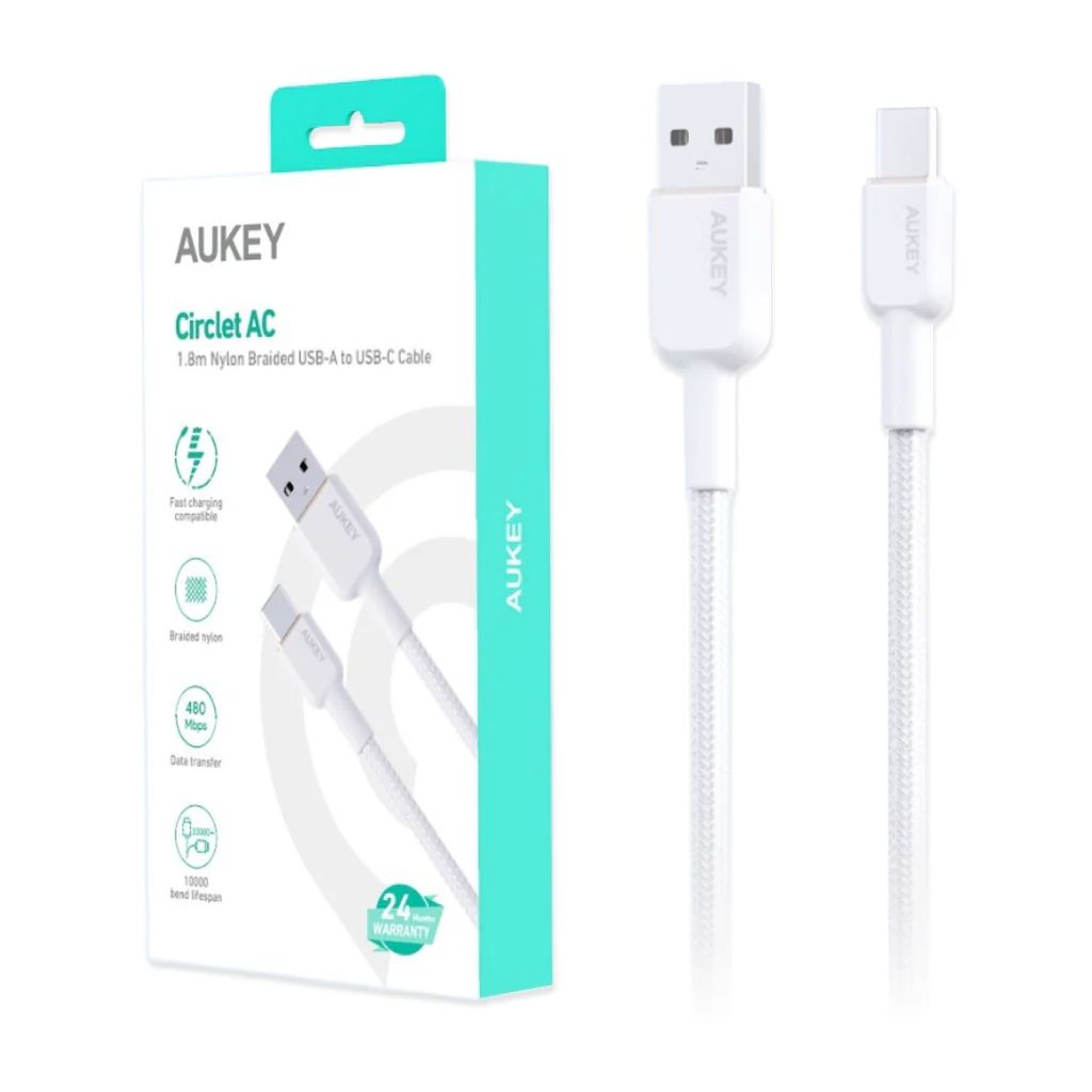 Cablu alimentare si date Aukey, USB Type-C (T) la USB Type-A (T), 1.8m, 480 Mbps, 60W, braided, alb, 