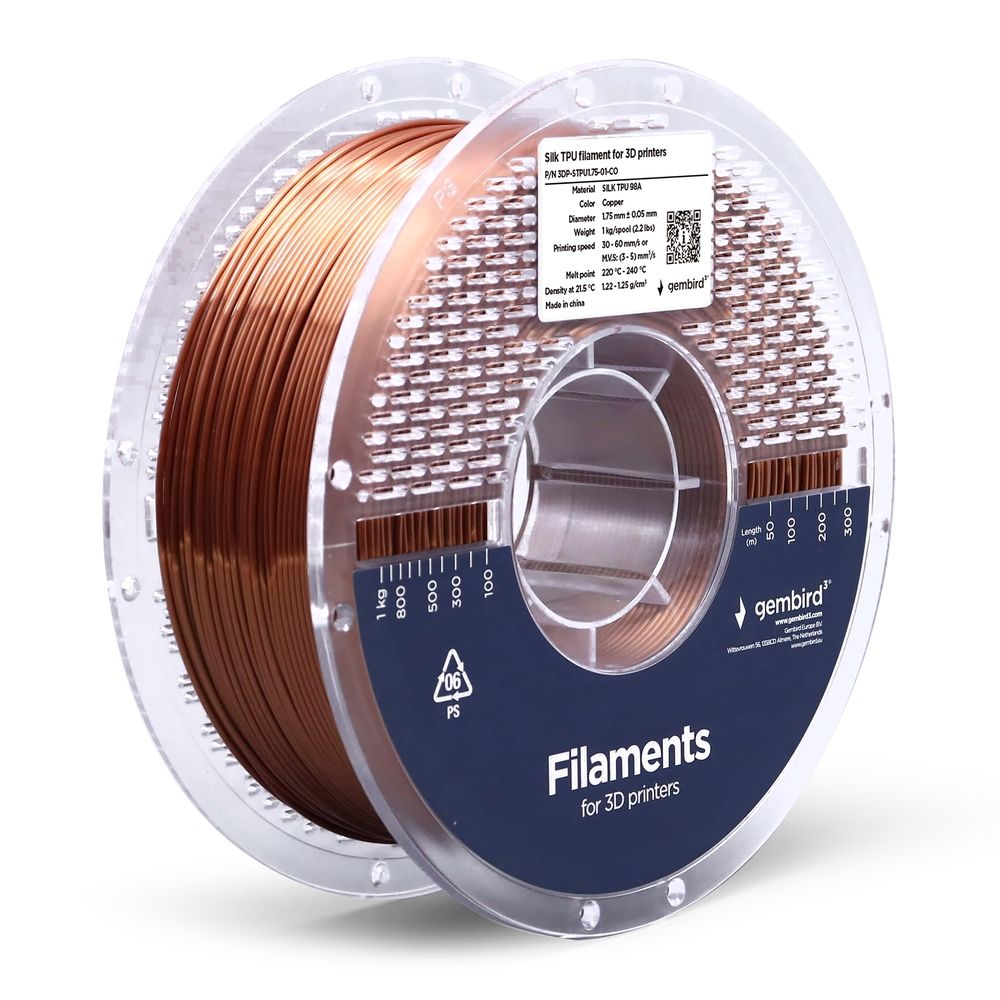 FILAMENT GEMBIRD pt. imprimanta 3d, TPU SILK, 1.75mm diamentru, 1Kg / bobina, aprox. 350m, topire 220-240 grC, cupru,  3DP-STPU1.75-01-CO 