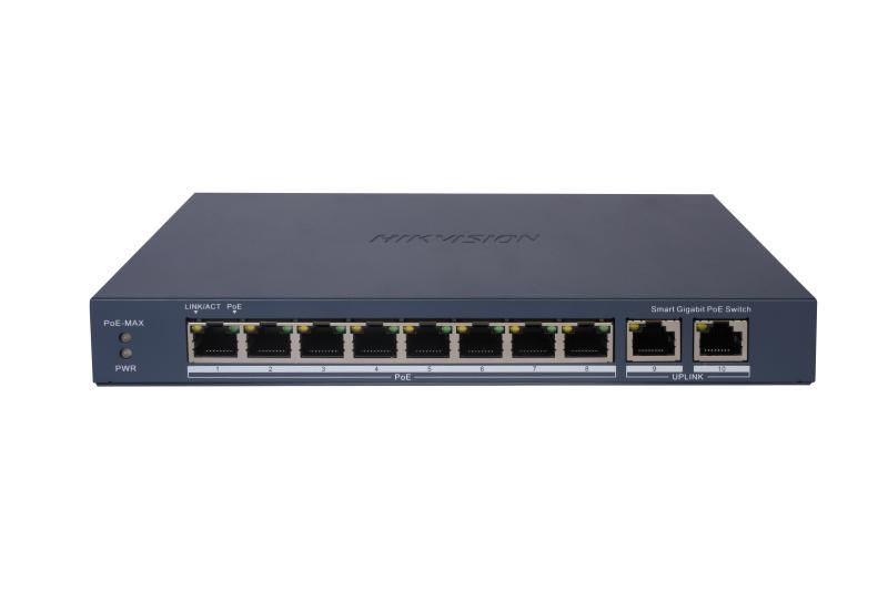 Switch PoE Hikvision DS-3E1510P-EI: 8 × Gigabit PoE port, 2 × Gigabit RJ45 port maxim 30W, buget PoE 110W, tensiune alimentare 54VDC, 2.22A, dimensiuni: 217.6 mm × 27.6 mm × 108.5 mm, greutate: 0.54kg, montare pe birou sau pe perete._1