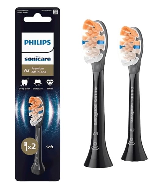 Rezerve PHILIPS Sonicare A3 Premium All in One HX9092/88, Pachet de 2 capete de periere standard, Sincronizarea modurilor BrushSync,  Negru, L x A x I (mm) 25.7x60x230.5_1