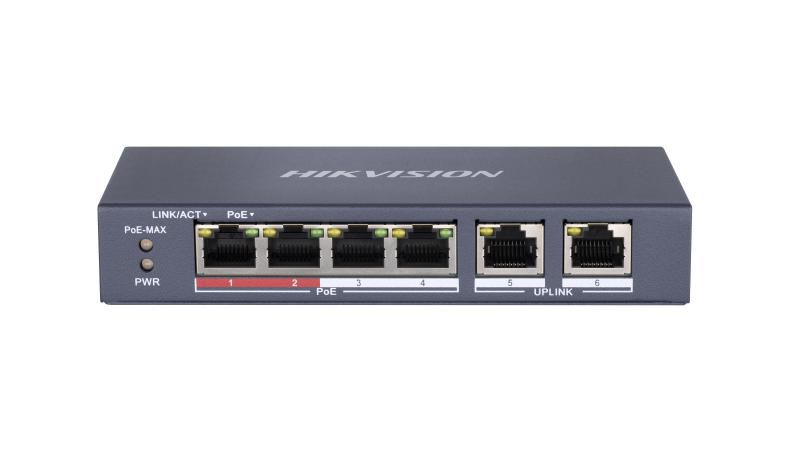 Switch PoE Hikvision DS-3E0106P-E/M(B): 4 x 10/100Mbps PoE port, and 2 × 10/100Mbps RJ45 port, 4 porturi PoE maxim 30W, buget PoE 35W, tensiune alimentare 48 VDC, 0.8 A, dimensiuni: 145 mm × 68.45 mm × 25.6 mm, greutate: 0.27kg, montare pe birou sau pe perete._1