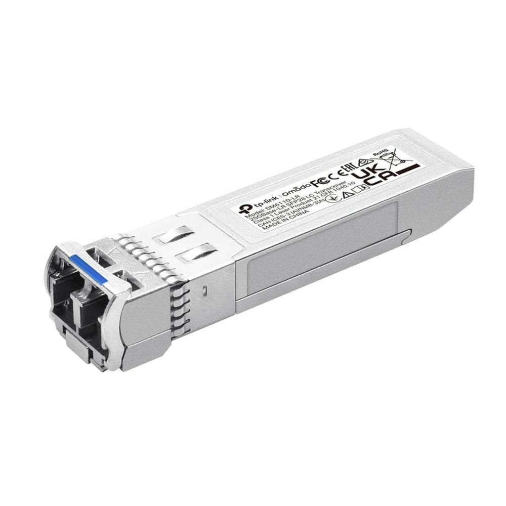 Omada 25GBase-LR SFP28 LC Transceiver SPEC: Dual Rate 25.78 Gbps and 10.31 Gbps, 1310 nm SMF (Single-mode fiber), Duplex LC/UPC, Up to 10 km Distance FEATURE: Support DDM, Hot Swappable, Low Power Consumption (≤ 1.2 W)_1