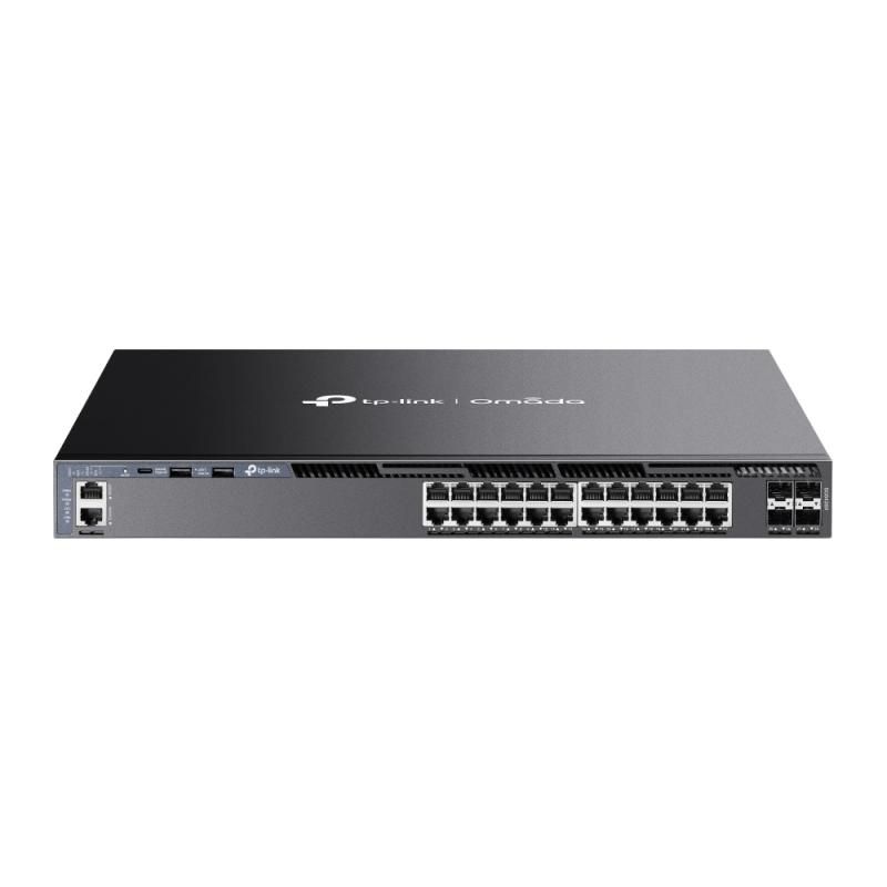 Omada 24-Port Gigabit Stackable L3 Managed Switch with 4 10GE SFP+ Slots PORT: 24× Gigabit RJ45 Ports, 4× 10G SFP+ Slots, RJ45/Type C USB Console Port, Management Port, 2× USB2.0 Ports SPEC: 1U 19-inch Rack-mountable Steel Case FEATURE: Integration with Omada SDN Controller, Stacking, RIP, OSPF_2