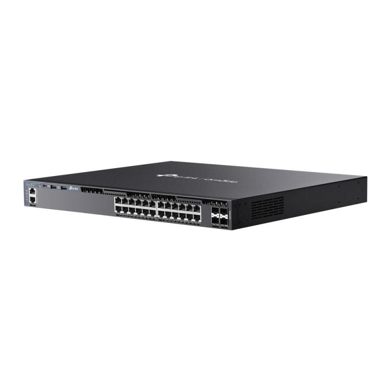 Omada 24-Port Gigabit Stackable L3 Managed Switch with 4 10GE SFP+ Slots PORT: 24× Gigabit RJ45 Ports, 4× 10G SFP+ Slots, RJ45/Type C USB Console Port, Management Port, 2× USB2.0 Ports SPEC: 1U 19-inch Rack-mountable Steel Case FEATURE: Integration with Omada SDN Controller, Stacking, RIP, OSPF_3