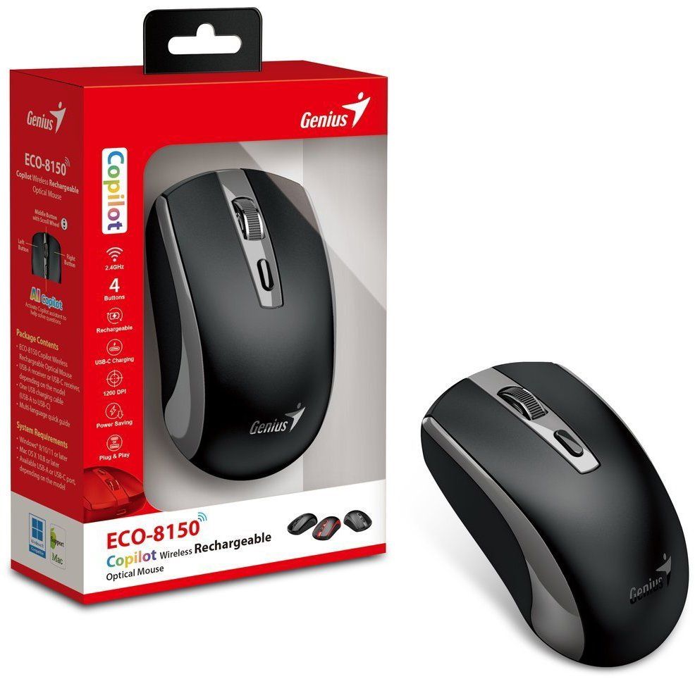 Mouse Genius  ECO-8150 , PC sau NB, wireless 2.4GHz, optic, 1200 dpi, butoane/scroll 3/1, acumulator, buton Copilot, negru,  31030045400  (timbru verde 0.18 lei) 4710268 262589