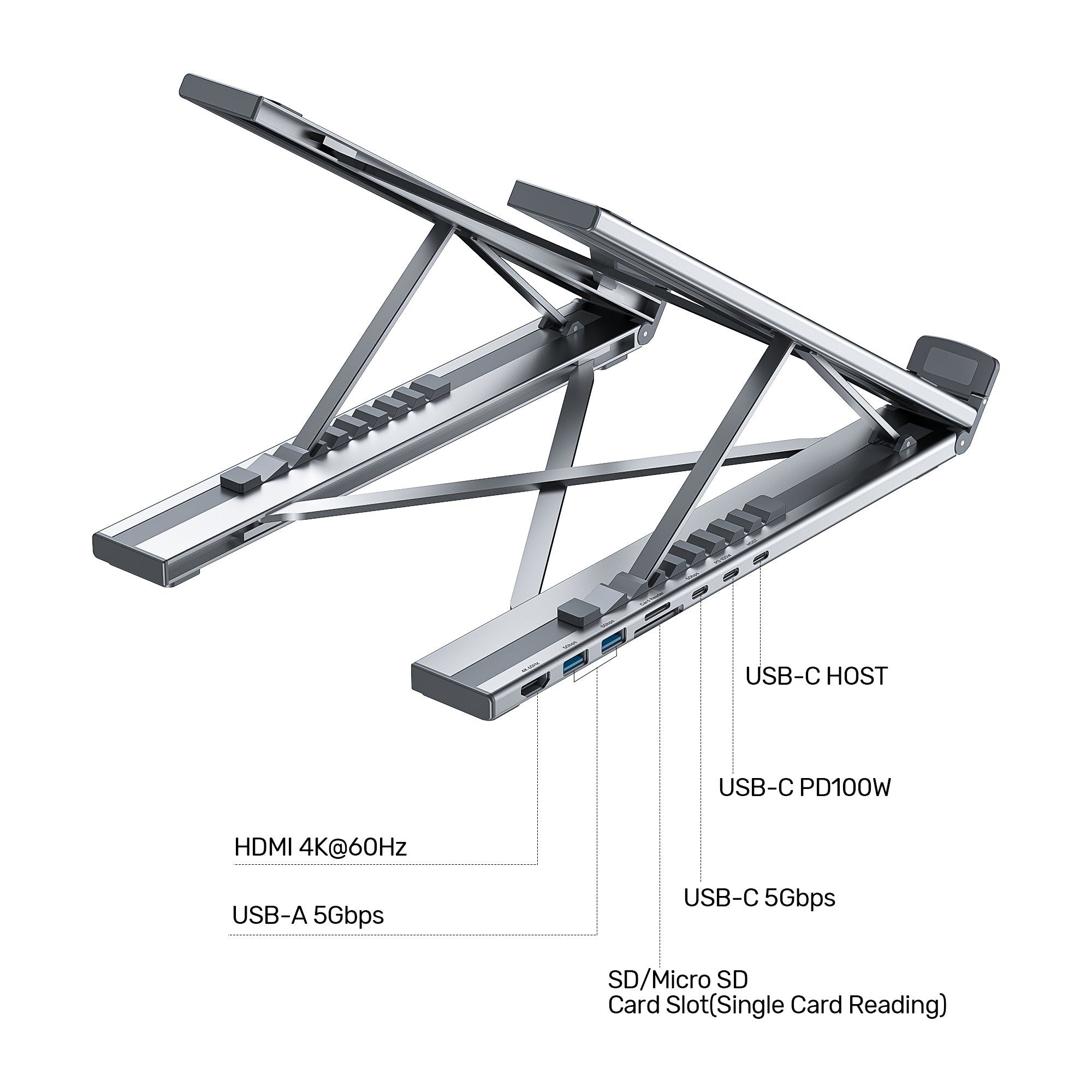 Canyon Laptop stands with hub, TYPE C F to HDMI2.0+2USB3.0+USBC3.0+RJ45+PD, TYEP C TO C cable 1m white with Emarker: HUSB332A, Material: Aluminum case+ABS+PS, Size: 245x240x27.2+/-0.3mm, Weight:1304g_2