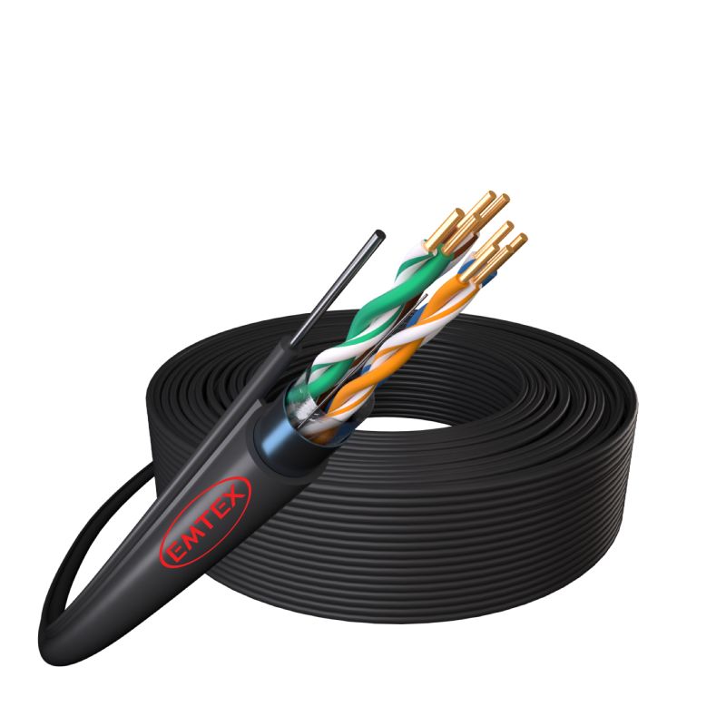 Cablu F/UTP cu sufa, Cat.5e, Cupru, 24AWG/1, manta PE, Fca, de exterior, rezistent UV, Fluke Pass, tambur 305m, negru - Emtex_1