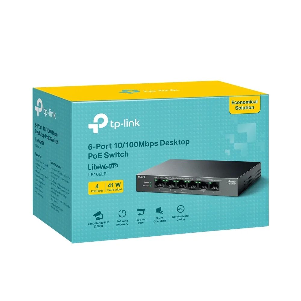 TP-LINK SWITCH LS106P, 6-Port 10/100Mbps Desktop Switch with 4-Port PoE+, 10BASE-T: UTP category 3, 4, 5 cable (maximum 100m), 100BASE-TX: UTP category 5 or above cable (maximum 100m), power input 220~240V, 50/60Hz (NV)_3