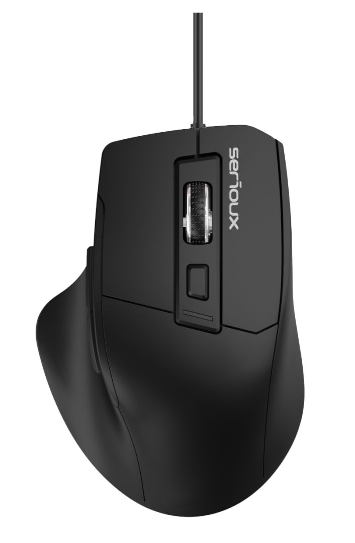 MOUSE SERIOUX SRXM-OPM168  Mouse optic cu fir USB 6D Culoare neagră Design ERGO Complet negru cu capac superior din cauciuc 6 butoane DPI: 1200-1800-2400-3600DPI Cablu PVC negru de 1,5 m Ambalaj OEM în cutie de culori_1